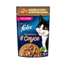 Влажный корм Felix Sensations для взрослых кошек с индейкой в соусе со вкусом бекона, 75 г
